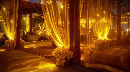 Sticker - A vibrant cabana scene at night, lit by yellow LED lights that enhance the golden tones of the sheer fabrics and the bouquets of yellow frangipani placed throughout the cabana.
