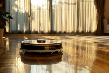 Poster - A robot vacuum cleaner sitting on the floor with a view of a window behind it