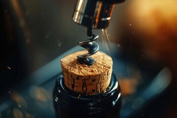 Poster - A close-up shot of a bottle of wine with its cork stopper removed, revealing the contents inside