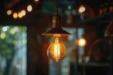 Poster - A close-up shot of a light bulb hanging from a ceiling, providing a warm and cozy glow