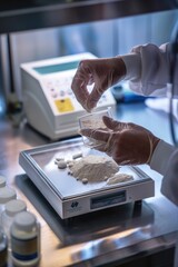 Aufkleber - A scientist measures out a chemical substance on a laboratory scale