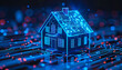 © Rangga Bimantara - smart home technology concept with house interior design and blue digital hologram lines. a house made of circuits and wires.