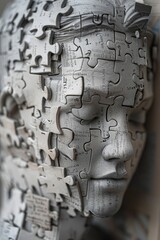 Poster - A 3D sculpture composed of interconnected puzzle pieces forming the shape of a human head