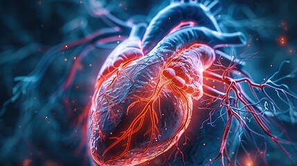 Poster - Vivid graphic representation of heart health, dynamic visuals depicting cardiovascular system, bold colors, clear arteries and strong heartbeat. 3d rendering. Generative AI.