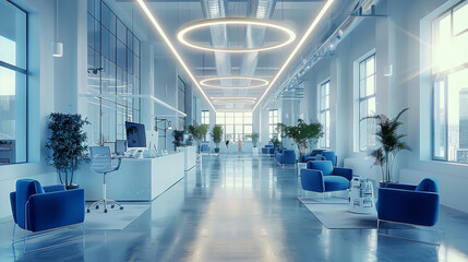 Aufkleber - Interactive IT co-working in white and blue tones with media content high detailed. Generative AI.