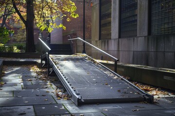 Aufkleber - A ramp on the side of a building next to a tree, ideal for use in urban or architectural photography