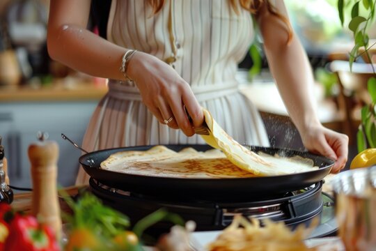 A woman is cooking food in a skillet