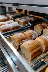 Aufkleber - A fast-paced industrial scene with fresh breads being transported on a conveyor belt