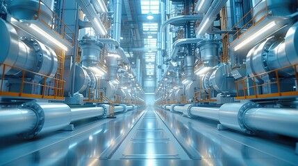 Poster - Automation factory concept, Beautiful mechanical structures, The main colors are white and blue. It has a clean and cool feeling. Generative AI.