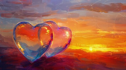 Abstract banner surreal painting 2 translucent hearts on sunset background, background for Valentine's Day or Women's Day