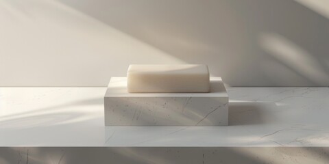 Poster - A simple soap bar resting on a white marble block