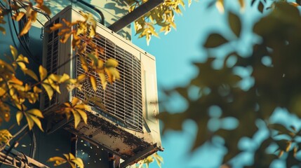 Poster - A small air conditioner sitting on the roof of a building, possibly providing cooling to the structure
