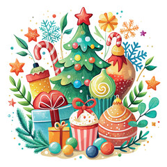 Sticker - A colorful Christmas scene with a tree, candy cane, and other decorations. Scene is festive and joyful