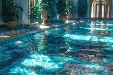 Poster - A shot of a blue-colored indoor swimming pool with still waters