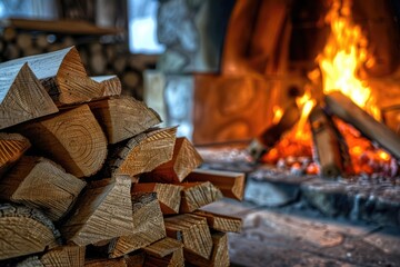 Poster - A stack of wood sitting next to a crackling fire, possibly used for warmth or as a decorative element