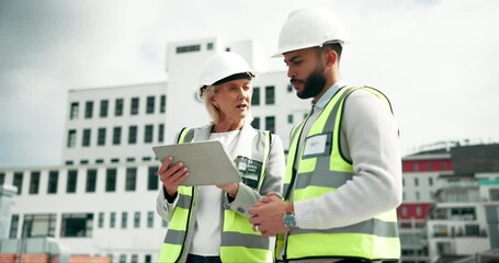 Poster - Tablet, manager and construction worker on site of rooftop for planning building maintenance in city. Teamwork, digital technology and mature contractor with industrial builder for repairs in town.