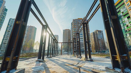 Poster - Steel for infrastructure and real estate construction, urban village renovation, affordable housing construction, building public facilities. Generative AI.