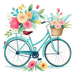 Wall Mural - A bicycle with a basket full of flowers on it. The flowers are in various colors and are scattered all over the bike. The bike is blue and has a pink seat. Scene is cheerful and colorful