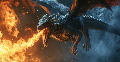 Wall Mural - angry evil dragon with red eyes spitting fire flames.
