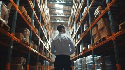 Leinwandbilder - A person inspecting storage shelves in an industrial setting