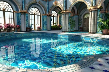 Poster - Swimmers and water lovers will enjoy this image of an indoor pool surrounded by tall walls and plenty of natural light