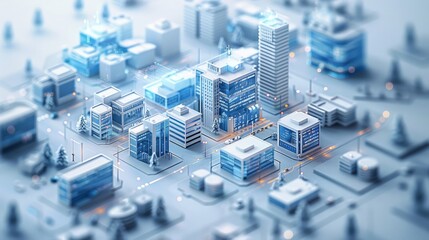 Wall Mural - Future industrial city, with urban building roads as the main body, interleaved with blue building, a few house, surrounded by white space, futuristic sense, technology, isometric, 3D. Generative AI.