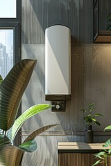 Poster - Water heater installed on the exterior of a structure for hot water supply, suitable for use in architectural or urban planning contexts