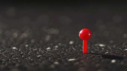 Poster - A small red pin sits on top of a dark-colored surface, with no additional context