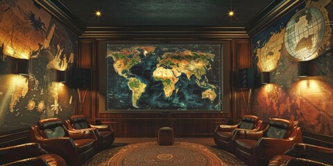 Poster - A living room with a large map on the wall, perfect for use as a decorative element or to add a touch of adventure and exploration to your interior design