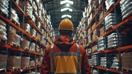 Aufkleber - A worker is working in warehouse, happy. Generative AI.