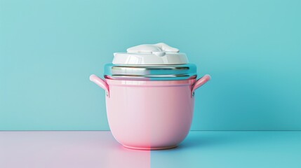 Sticker - A pink container with a lid sitting on a blue surface, great for backgrounds or still life compositions