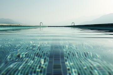 Poster - A serene and secluded swimming pool situated amidst a mountain range, surrounded by lush greenery and scenic views