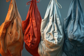 Poster - A collection of bags suspended from a string, possibly used as a decorative element or for storing small items