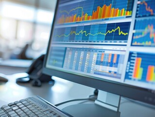Analyzing Financial Data: Close-up of Detailed Graphs and Charts on Computer Monitor