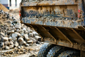 Poster - a dump truck is parked next to a pile of rocks