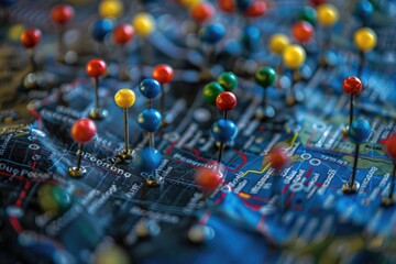Fototapete - A close-up shot of a map with various pins and markers