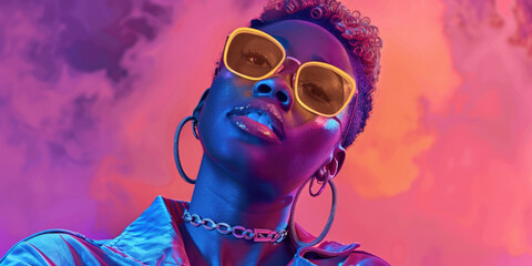 Wall Mural - A woman with short, curly hair is wearing yellow sunglasses and looking directly at the camera. She is illuminated with blue and purple light against a pink and purple background