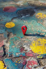 Poster - A small red pin sits atop a colorful and textured surface, perfect for use in illustrations or designs about travel, adventure, or urban themes
