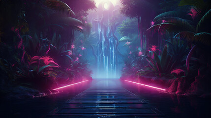 Magic forest with blue and purple neon colors and glowing. Mysterious pathway in the jungle.