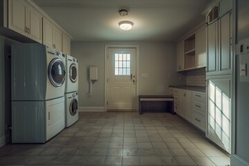 Sticker - A modern kitchen with a washer and dryer installed