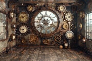 Aufkleber - A room filled with numerous clocks and timepieces, ideal for use in articles about horology or as a decorative element