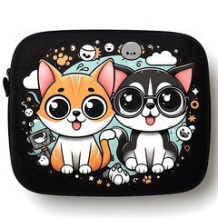 A black case with cartoon cat design drawing graphics and cat design drawing graphic glasses highquality Illustrative unique.