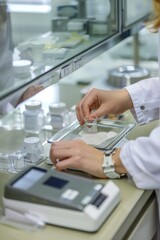 Poster - A woman in a lab coat uses a scale to weigh an object, suitable for science and research related images