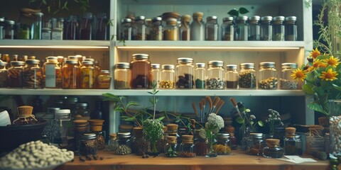 Poster - Various jars filled with goods on a wooden shelf