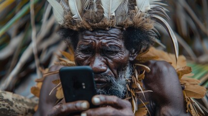 Wall Mural - A person wearing a traditional or ceremonial headpiece looks down at their mobile device