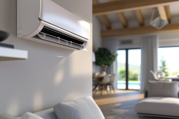 Aufkleber - A modern living room with a white couch, air conditioner, and neutral decor