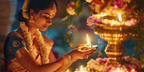 Poster - A woman holds a lit candle, a warm and intimate moment captured