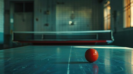 Aufkleber - A ping pong table with a red ball placed on the surface, ready for play