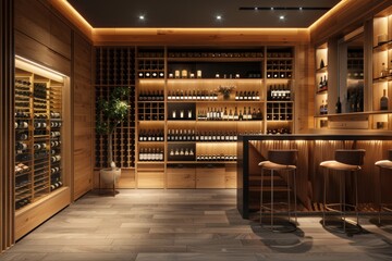 Aufkleber - Wine cellar with wooden shelves filled with bottles for storage and display