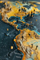 Fototapete - A close-up view of a map with various pins marking different locations
